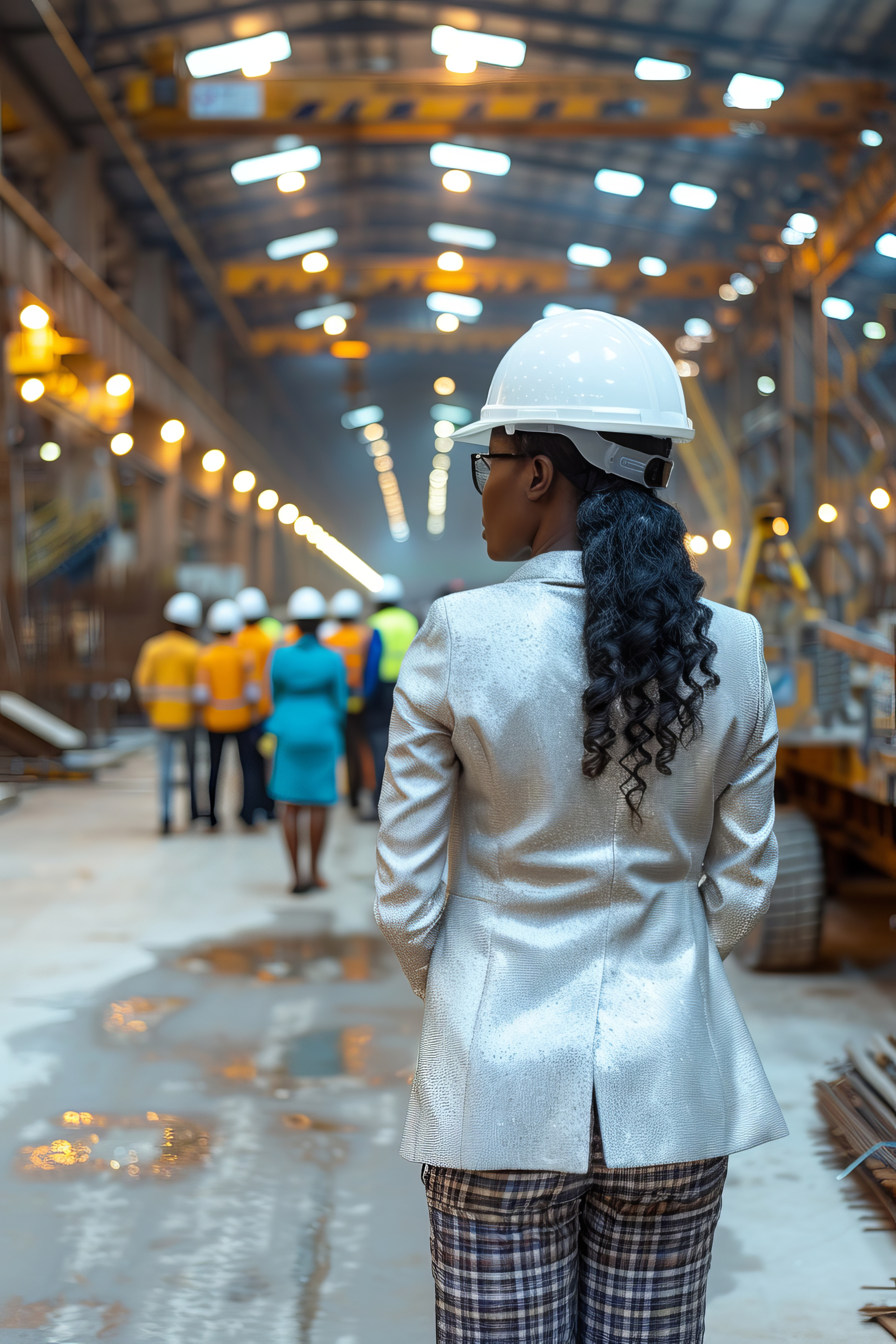 4k. detail. A black woman who is an engineer, a boss, and wears a white hard hat and formal suit. She is observing her employees working at the construction site. Beautiful lighting. Realism. Boss! Female power --no portrait --chaos 60 --ar 2:3 --stylize 1000 Job ID: 1e407bc5-7ad5-40a0-b48a-4b4435481e6e